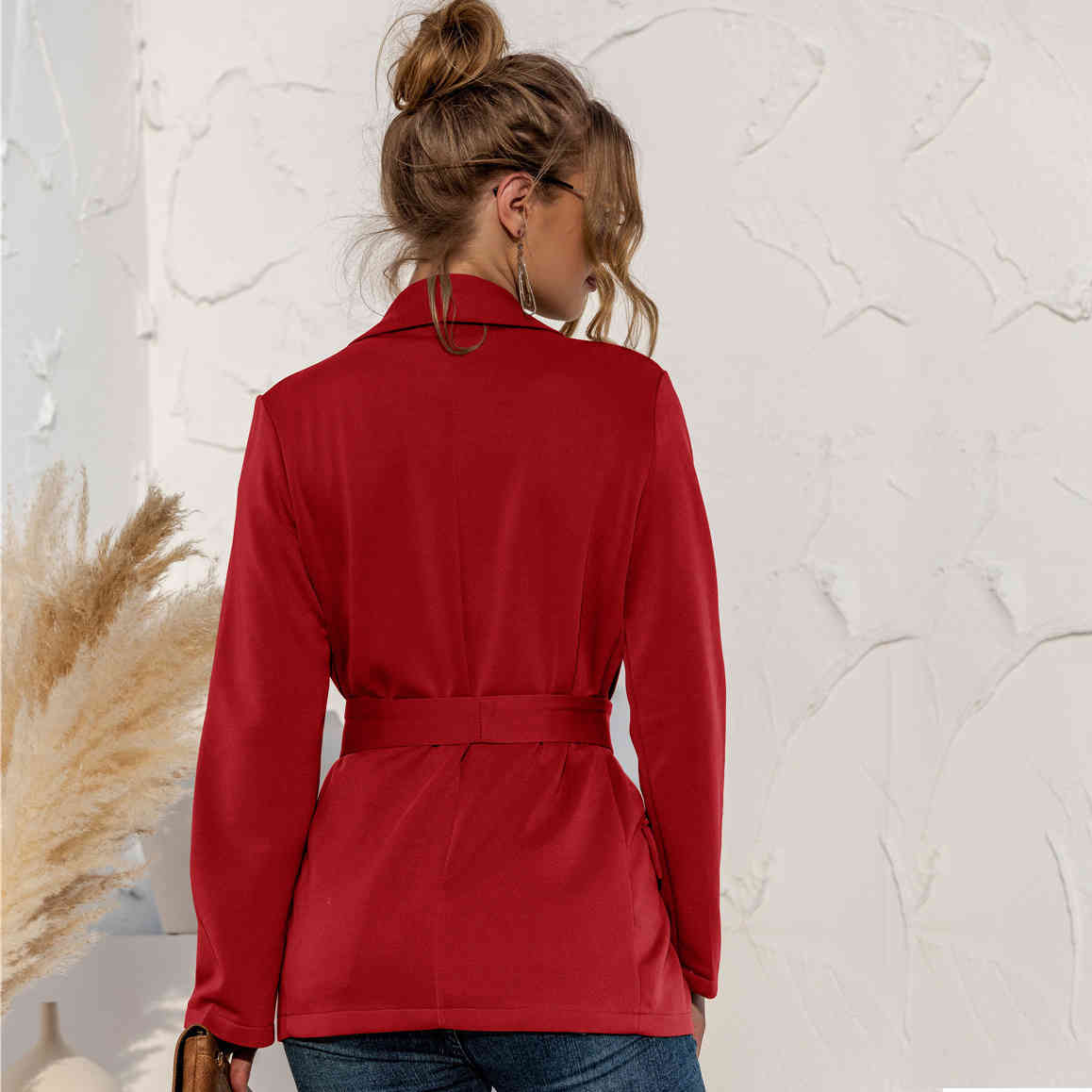 Women blazer jacket fashion Spring V-Neck Standard Lace Solid Pockets Casual Women's Blazer with belt OL female outwear 210524