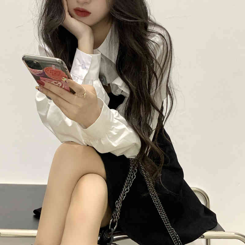 two pcs set summer korean style long sleeve shirt+strap dress 2pcs set women clothing set (C2823 210423