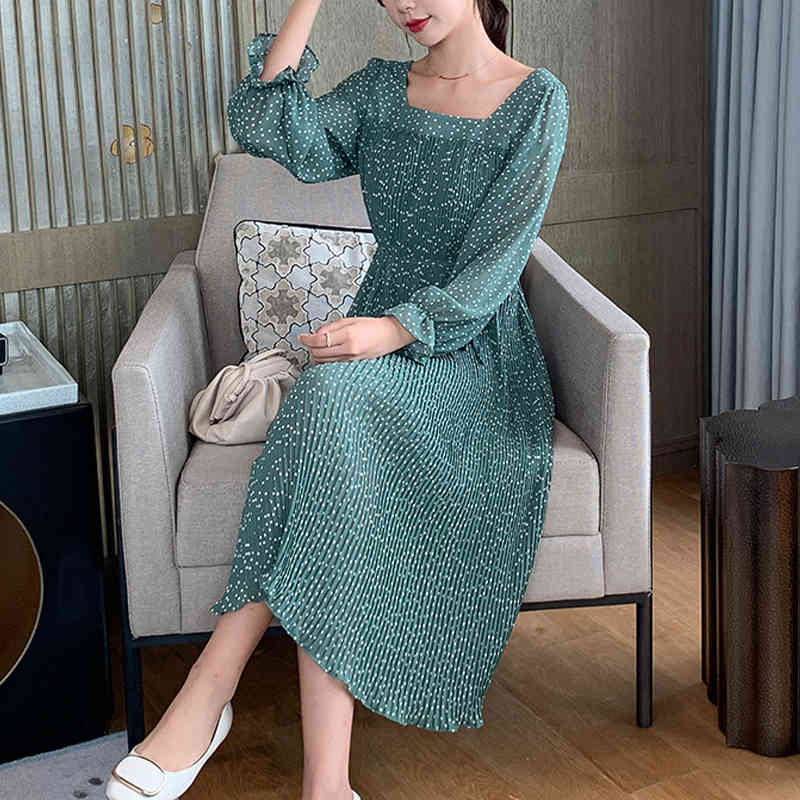 Autumn French Polka Dot Chiffon Dress Square Collar Elastic Waist High Pleated Women Vestido Feminine 11184 210427