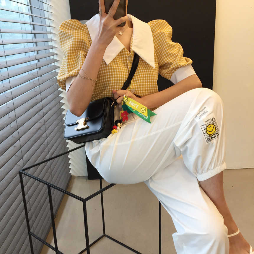 Korejpaa Women Shirt Summer Korean Niche Retro Hit Color Pointed Collar Stitching Plaid Single-Breasted Puff Sleeve Blouse 210526