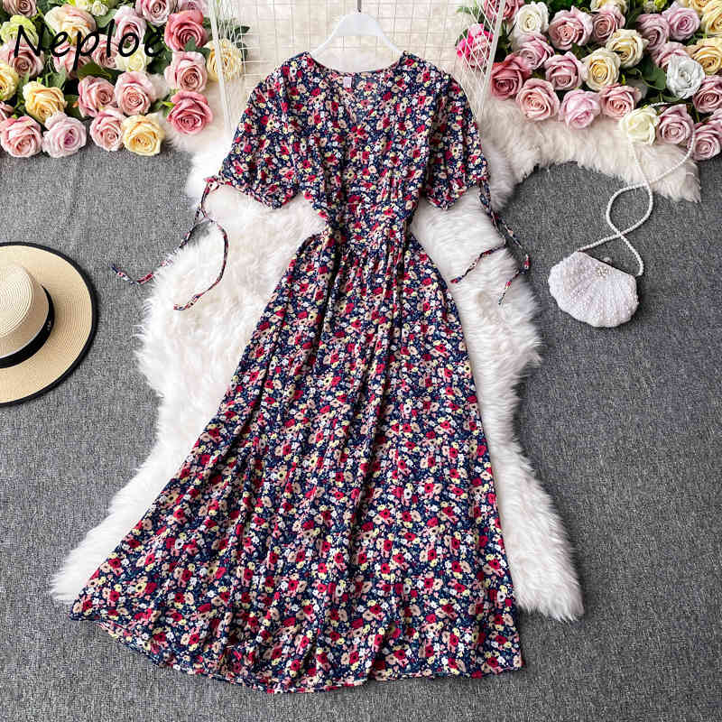 Sexy V-neck Lace Up Femme Vestidos Summer Flower Print A-line Dresses Women Fashion High Waist Big Swing Dress 210422Z