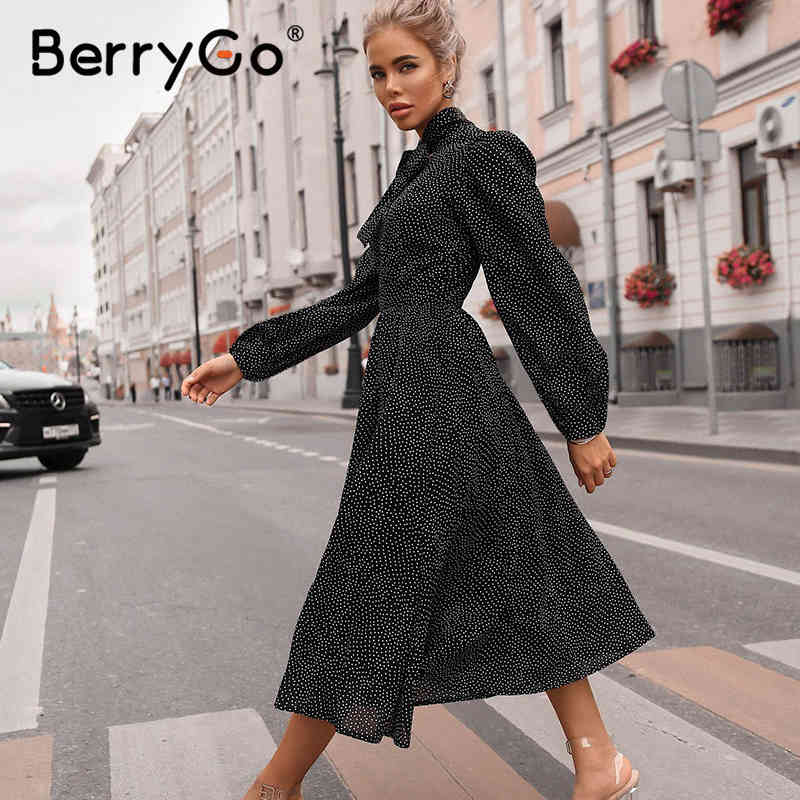 BerryGo Polka dot black elegant dress women Lantern sleeve tie neck long dresses spring A-line office ladies party dress vestido 210409