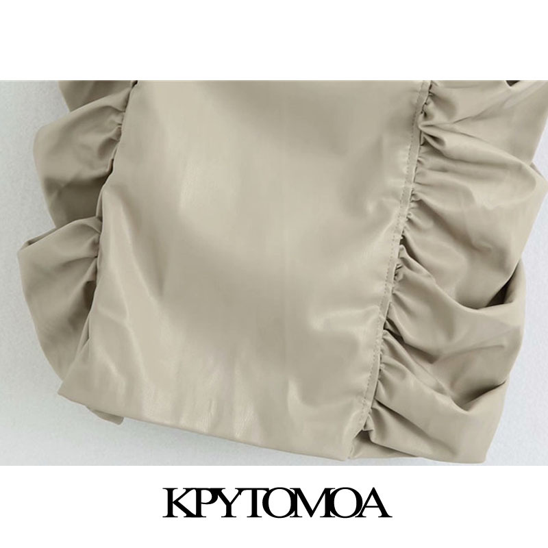 Women Chic Fashion Draped Faux Leather Mini Dress Back Zipper Thin Straps Female Dresses Vestidos Mujer 210420