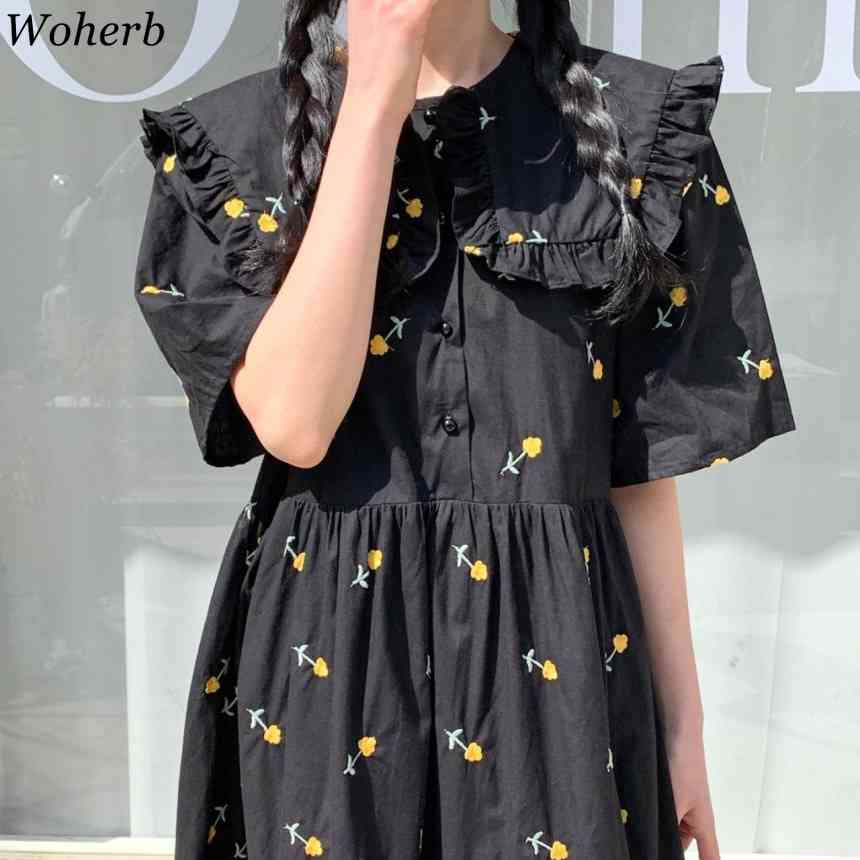 Women White Robe Floral Pleated Dress Sweet Embroidered Ruffles Vestidos Mujer Peter Pan Collar Loose Vintage Dresses 210519