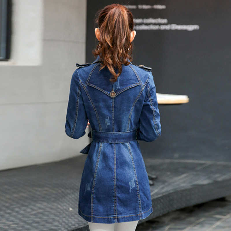 JMPRS Plus Size Women Denim Trench Fashion Autumn Slim Korean Female Long Coat Sleeve Tunic Double Breasted Windbreaker 210820