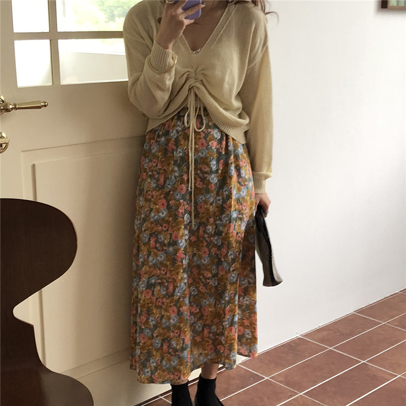 Feminine Fresh Print Florals High Waist Sweet Chic Slim Girls Elegance All Match Streetwear Women A-Line Skirts 210421