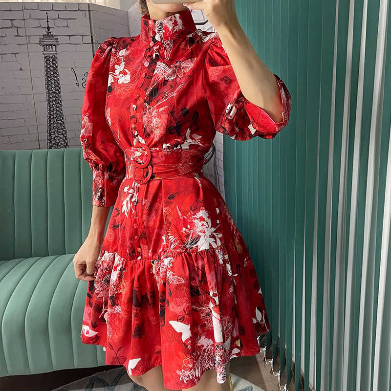 DEAT Women Printing Dress Half High Collar Three Quarter Sleeve Arrivals Lady Temperament Fashion Spring Summer 11D1877 210709