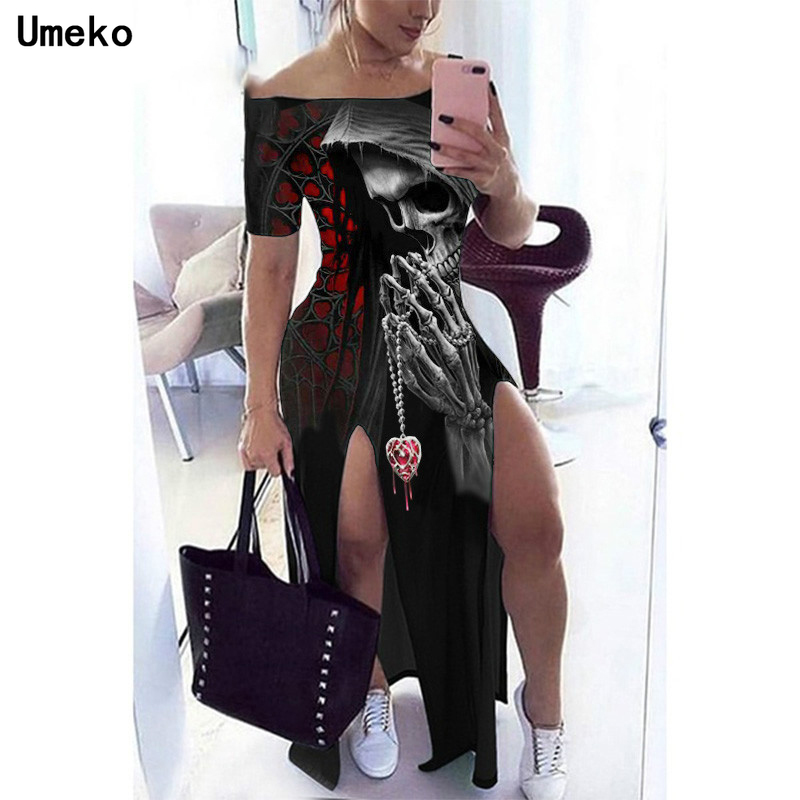 Goth Skull Print Graphic Off The Shoulder Split Side Y2k Maxi Dress Women Short Sleeve Bodycon Plus Size Dresses Ladies Summer, Black
Goth Skull Print Graphic Off The Shoulder Split Side Y2k Maxi Dress Women Short Sleeve Bodycon Plus Size Dresses Ladies Summer, Black