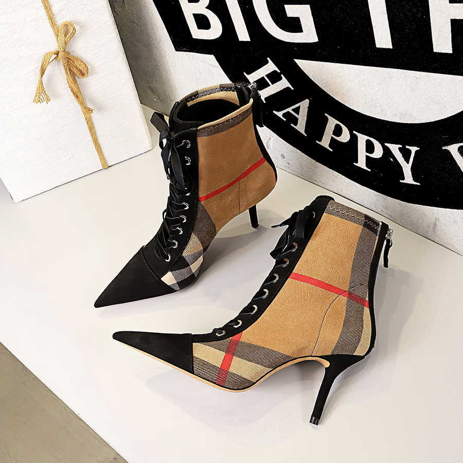 BIGTREE 2021 Winter Ankle Women Boots Fashion Slim Heel High Pointed Plaid Lace up Cross Strapping Y0910