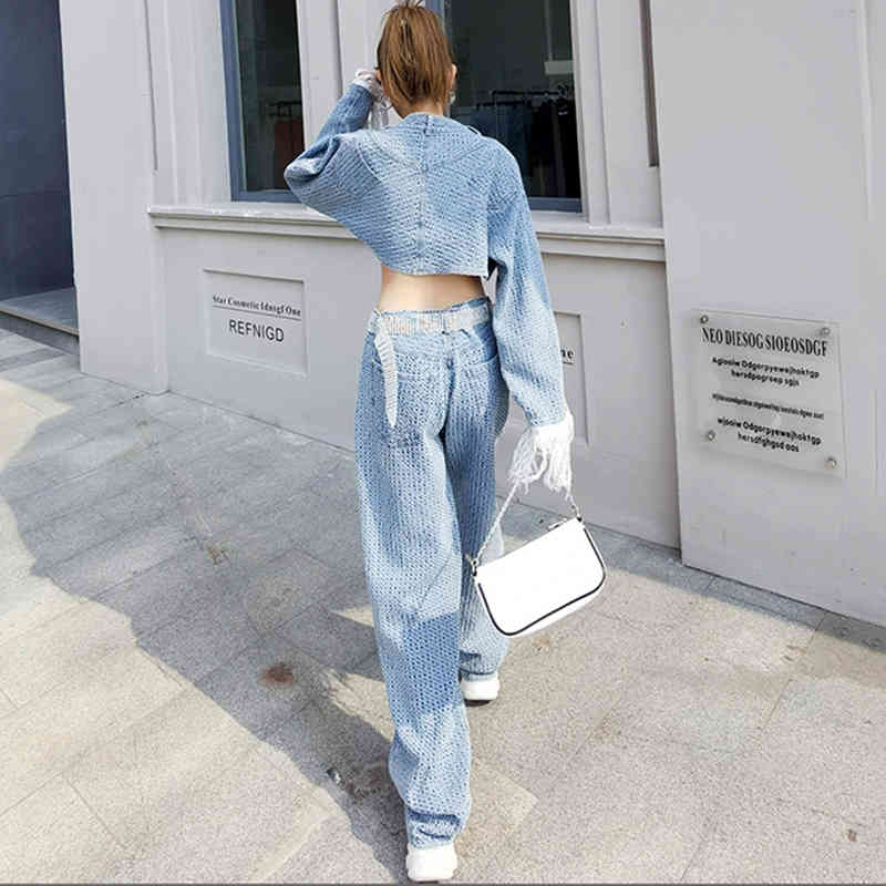 [EAM] Wide Leg Pants Two Piece Blue Denim Tassels Suit Long Sleeve Loose Fit Women Fashion Spring Autumn 1DD6388 210512