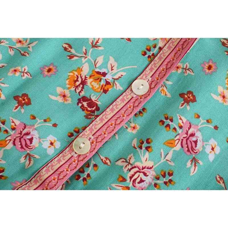 Turquoise Buttons V neck Floral Print Long Sleeve BOHO Dress Hippie Woman Adjustable Lacing up Waist Short Holiday Dresses 210429