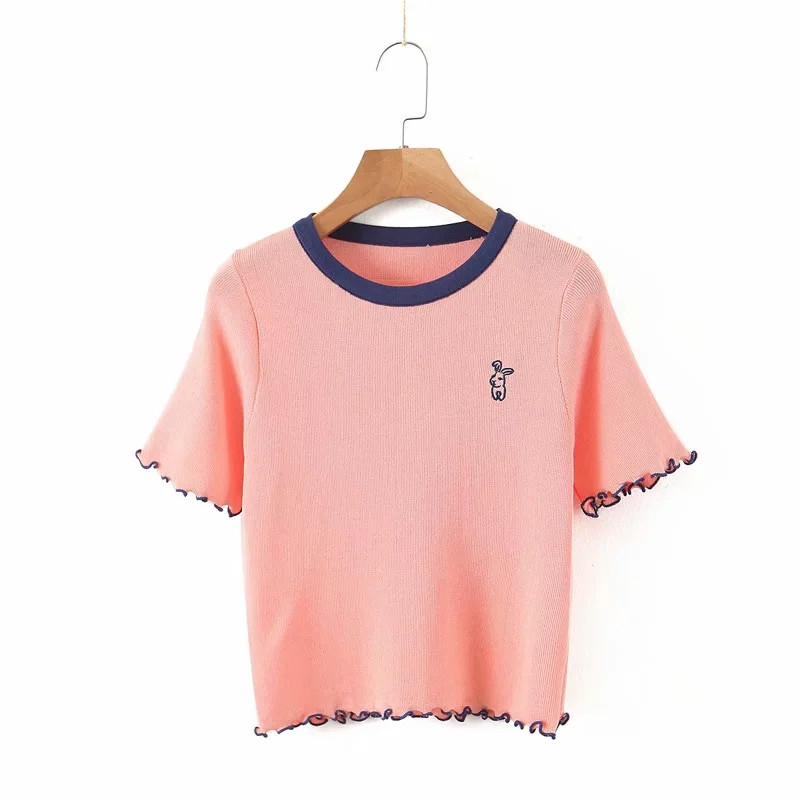 Spring-Summer Casual Knitted Four Color Short T-shirt Women Rabbit Embroidery Sleeve Knit Shirt Female Solid Tee 210421