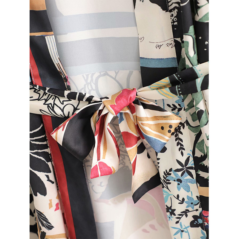 Women 2 Pieces Printed Set Bow Sashes Shirt Oversized Blouse Long Trousers Suit Pajamas Fashion Casual 210517