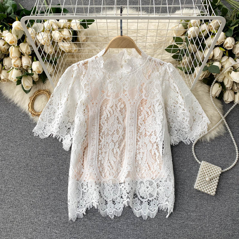 Women Hollow Out Lace Temperament Slim Shirt Solid Color Short Sleeve Stand Collar Fashion Spring Summer 11B752 210525, Apricot
Women Hollow Out Lace Temperament Slim Shirt Solid Color Short Sleeve Stand Collar Fashion Spring Summer 11B752 210525, Apricot