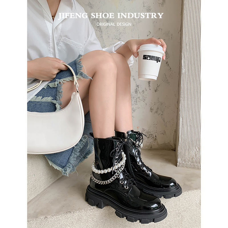 Women's Martin Boots with Pearl Chain Thick-soled Fashion Black Short Boots Zipper Leather Shoes
