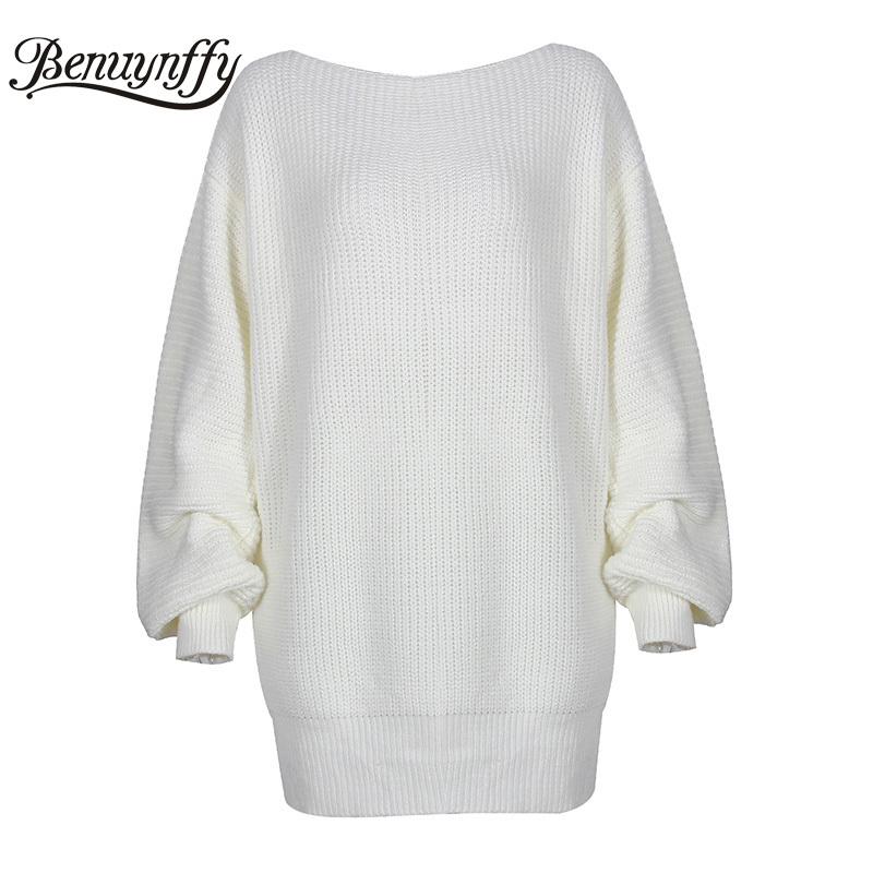 Women Autumn winter Off Shoulder Knitted Sweater Dresses Oversized Lantern Sleeve Casual Solid Dress 210510
