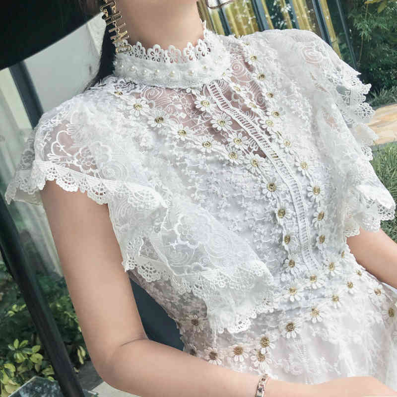 Summer Women Sexy Embroidery Hollow Out White Lace Dress Ladies High Waist Short Sleeve Dress Elegant Party Vestidos 210518