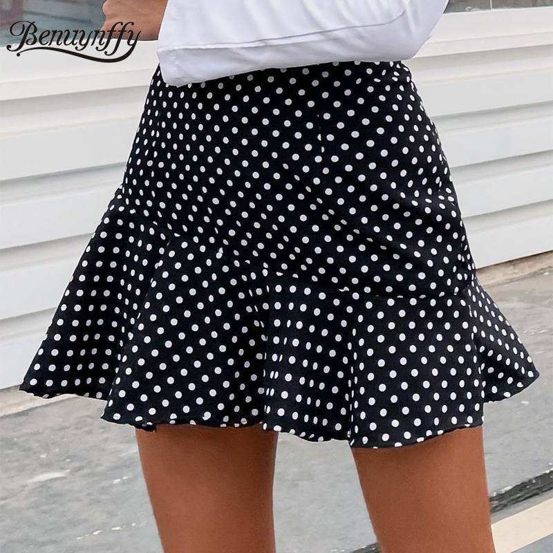 High Waist Polka Dot Ruffle Hem Skirts Women Fashion Street Zip Back Summer Casual Mini Skirt Female Bottoms 210510