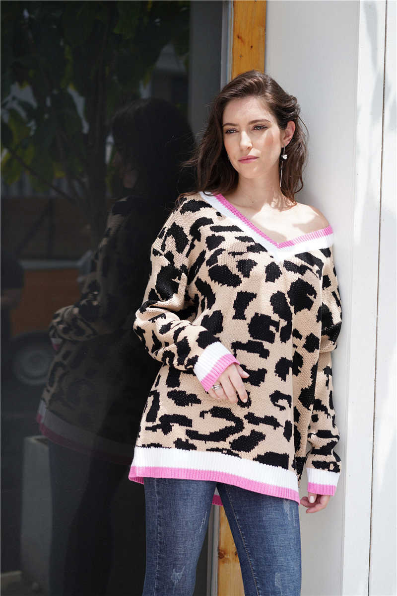 Qooth Women Leopard Knitted Sweater Winter Animal Print V-neck Long Sleeve Female Pullovers Casual Loose Jumpers QT326 210609