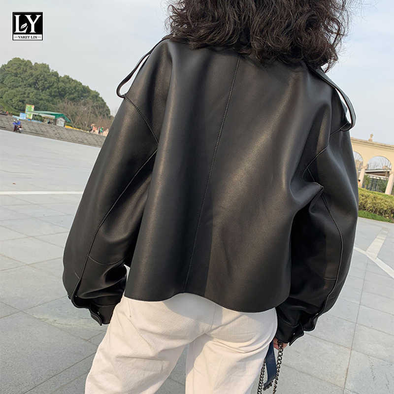 LY VAREY LIN Spring Women Biker Jacket Pu Leather Casual Outwear Black Short Loose Soft Faux Lady 210526