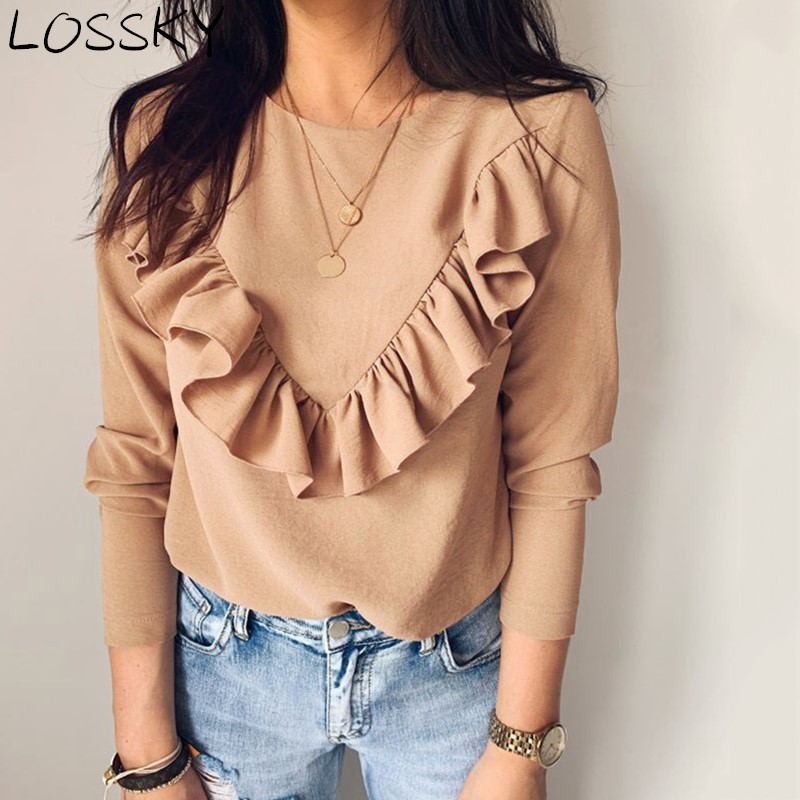 Women's Autumn Spring Ruffles Frill White Shirt Blouse Casual Round Neck Long Sleeve Elegant Slim Female Chic Tops Blusas Shirts 210507