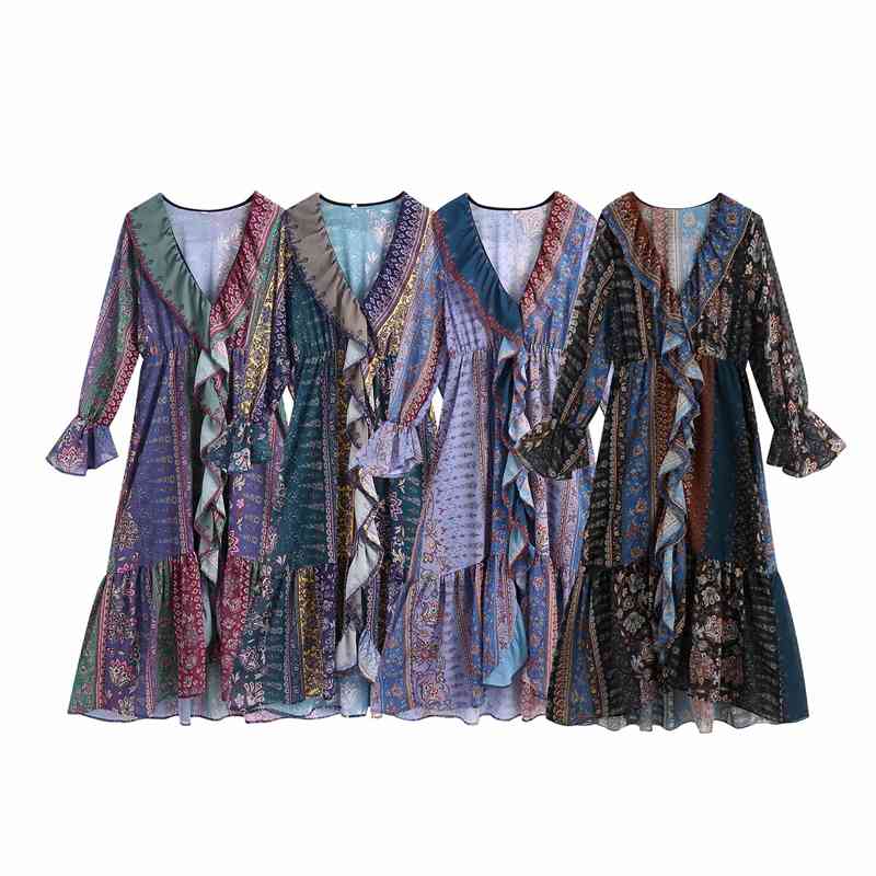 Vintage Women Cascading Ruffles Dress Fashion Ladies V-Neck Vestidos Streetwear Female Chic Print Patchwork 210430