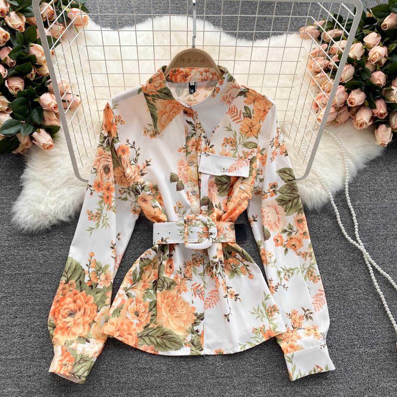 DEAT Women Lapel Long Sleeve Printing Shirt Shorts Arrivals Two Piece Set Temperament Fashion Spring Summer 11D1561 210709