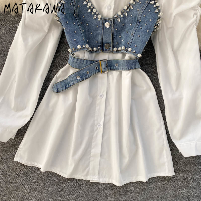 MATAKAWA Loose Women Blouses Lapel Beaded Ladies Shirt Stacking Bead Sling Waistcoat Chic Fashion Two-piece Set Women 210513