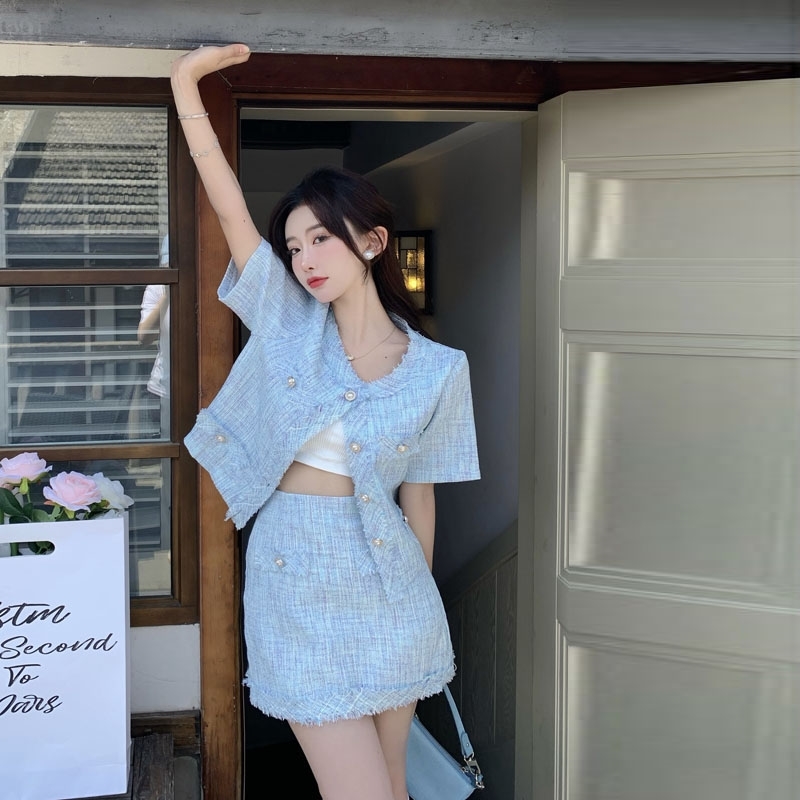 High Quality Korean Elegant Fashion Skirt Suits Tweed 2 Piece Set Women Short Sleeve Jacket Coat Waist Two Outfits 210520