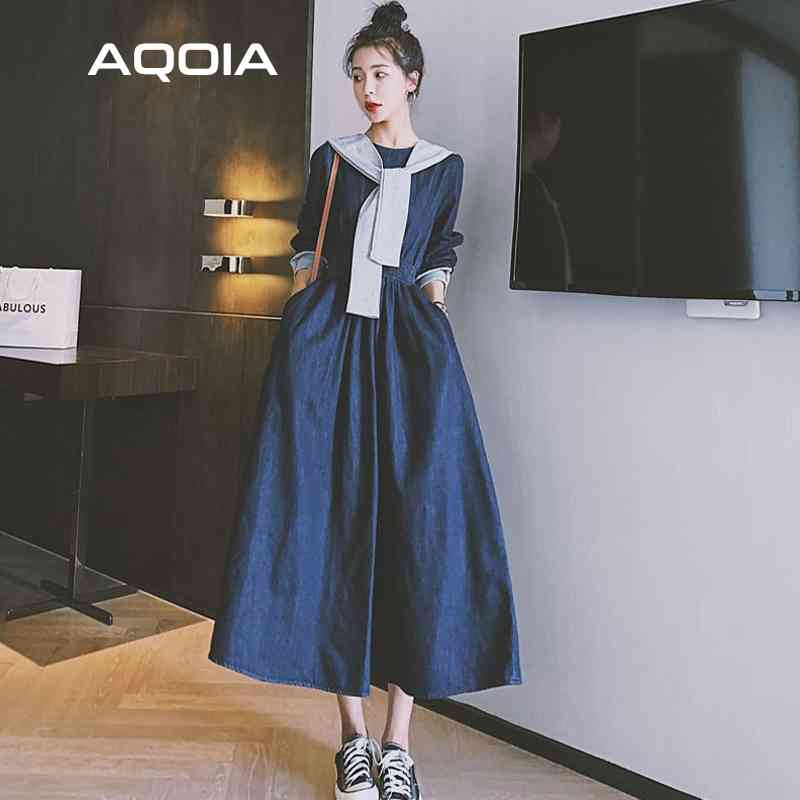 Spring Streetwear Denim Women Long Dress Sleeve Casual Shawl Empire Loose Plus Size Fashion Y2K Ladies Dresses 210521
