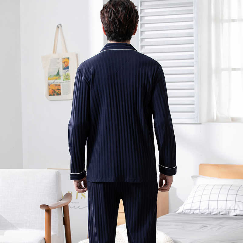 Men 100% Cotton Pajamas Set Winter Long Sleeve Pyjama Turn-down Collar Cardigan Loose Soft Plus Size L-5XL Male Sleepwear Suit 211019