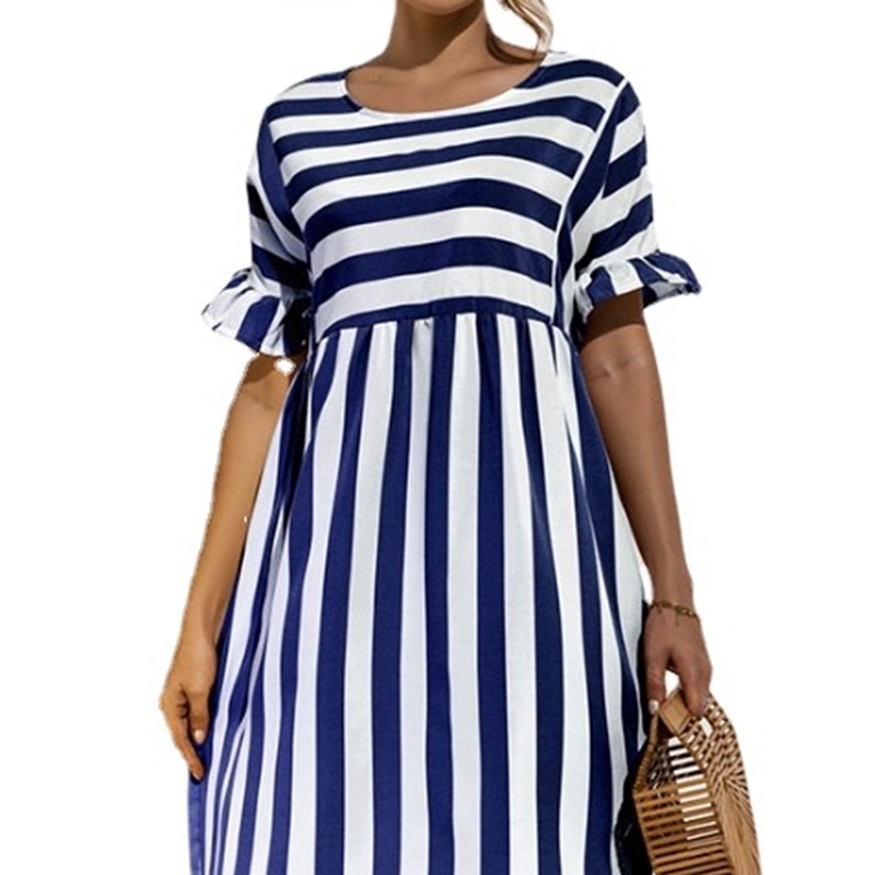 Striped Patchwork O Neck Petal Sleeve Ruffles A-Line Loose Summer Dresses for Women 210615, Black 
Striped Patchwork O Neck Petal Sleeve Ruffles A-Line Loose Summer Dresses for Women 210615, Black