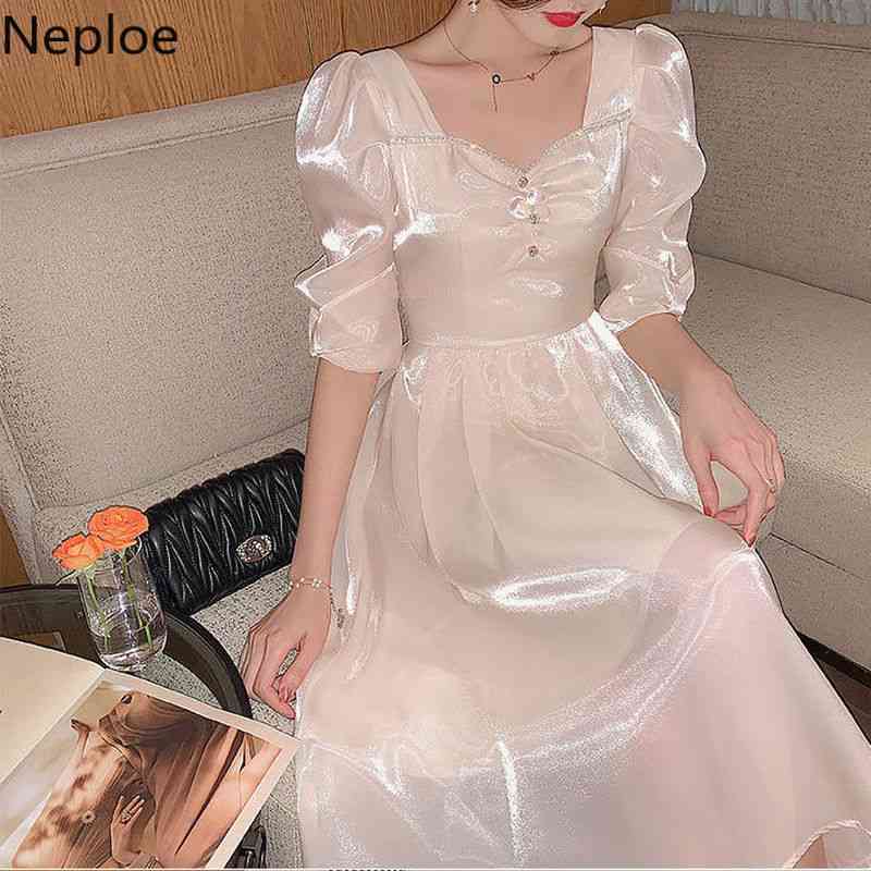 Neploe Korean White Dress for Women Puff Sleeve Vintage Woman Vestidos Squared Collar Party Dresses High Waist Ladies Long Robe 210422