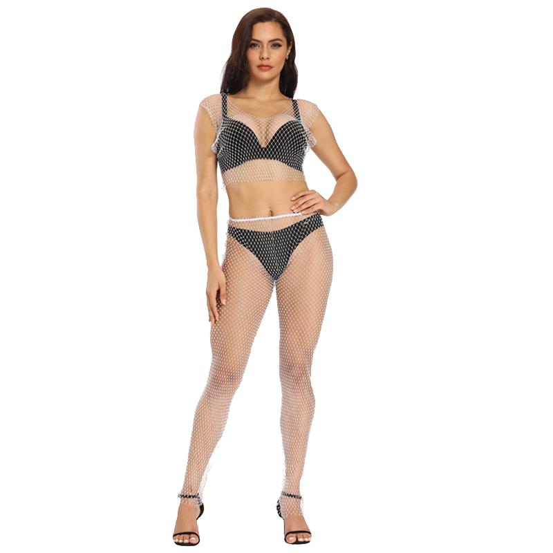 Fashion Siny Rhinestones Fishnet Two 2 Piece Set Women Sexy Halter Crop Top Mesh Hollow Out Long Pants Summer Beach Outfits 2021 Women's Tra