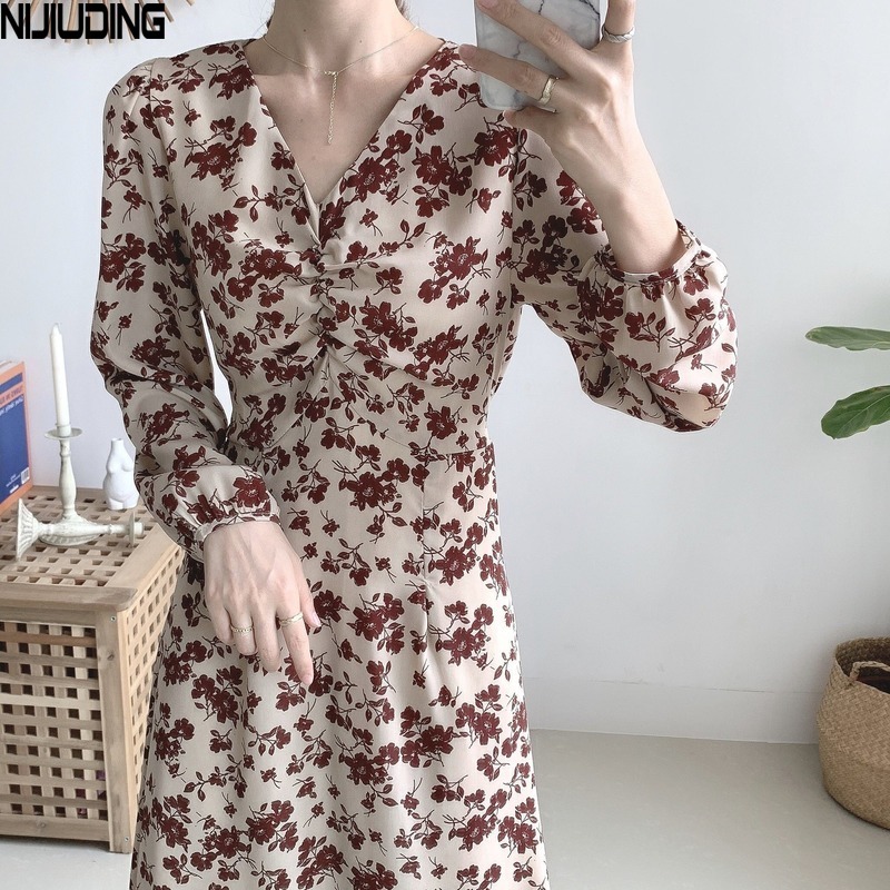 Fashion Spring Autumn Women Floral Printed Chiffon Maxi Dresses Female Long Sleeve V-neck Elegant Dress Mujer Vestidos 210514