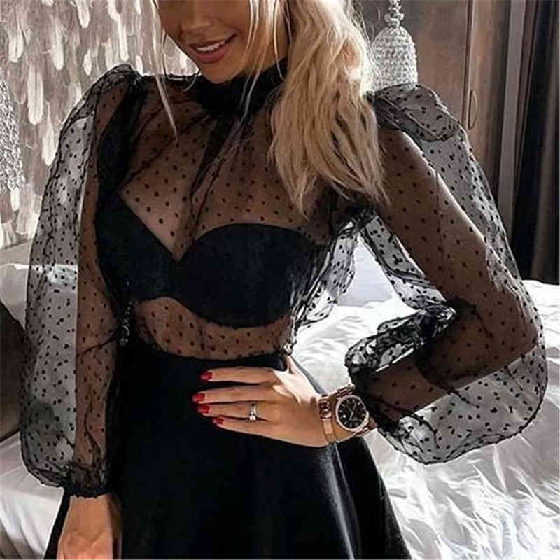 Elegant Women Transparent Puff Sleeve Shirts Fashion Ladies Turtleneck Polka Dot Tops Sweet Female Chic Solid Blouses 210430