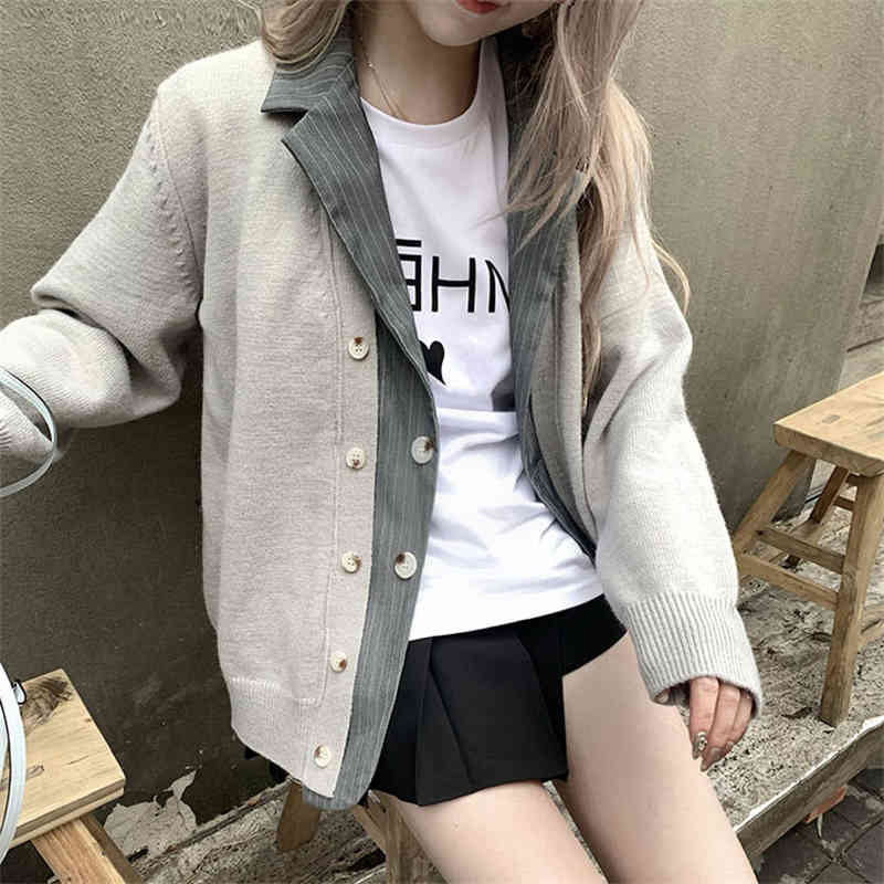 women's sweaters autumn sweater jacket women fake two patchwork suit coat loose knitwear casual knitted outerwear office lady card, White;black
women's sweaters autumn sweater jacket women fake two patchwork suit coat loose knitwear casual knitted outerwear office lady card, White;black
