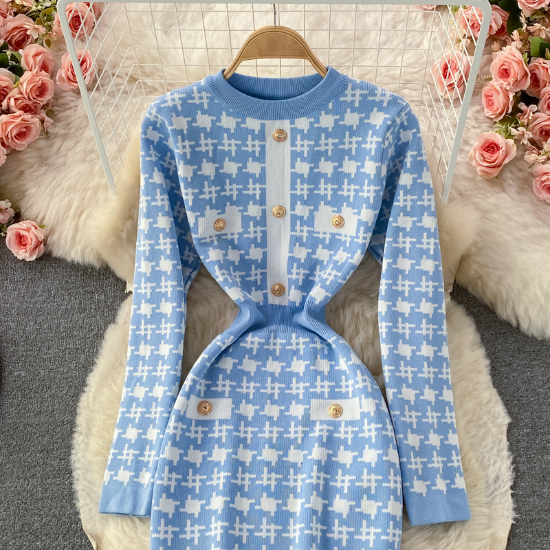2021 Autumn winter new design womens o-neck long sleeve houndstooth grid knitted short dress