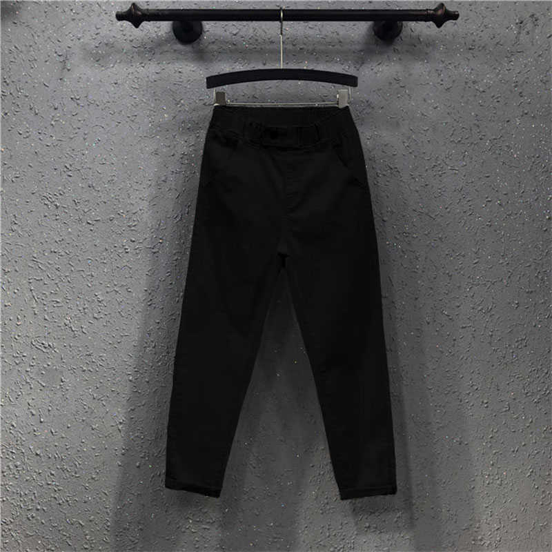 Spring Summer Women Anklelength Pants Plus Size Solid Cotton Denim Loose Harem White Black Elastic Waist Jeans M3XL D68 210922