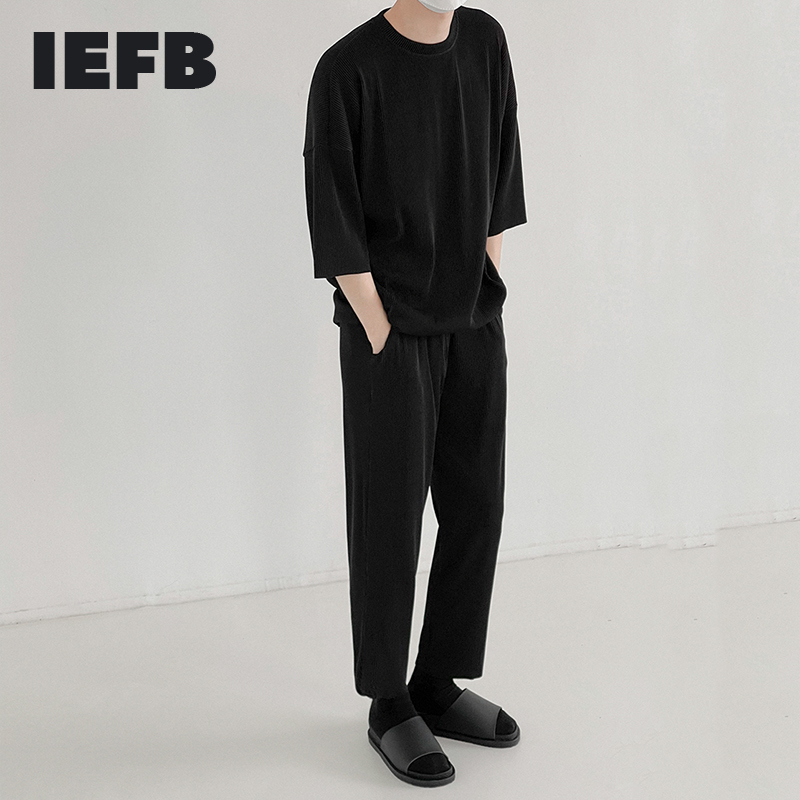 IEFB Causal Men's Home Sports Two Piece Suit Pleated Pants + Short Sleeve T-shirt Korean Fashion Loose Summer Set Y7587 210524