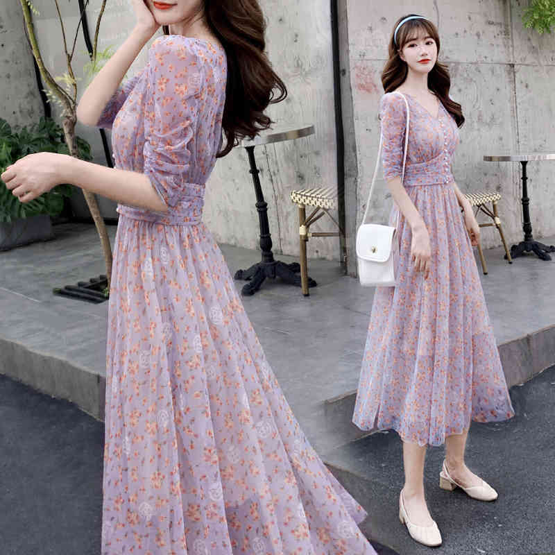 Korean Spring Elegant Flowers Print V-Neck Maxi Dress Vestidos Retro Sexy High Waist Slim Chiffon Robe Femme 210519