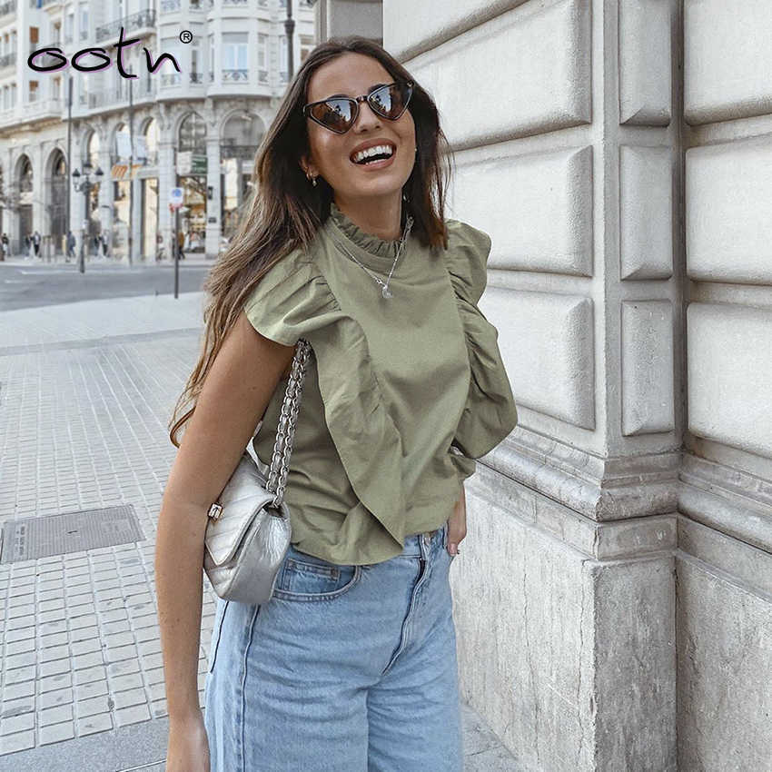 Summer Sleeveless Green Shirt Women Fashion Office Blouses Woman Ruffled Button Down Shirts Top Female Casual Ladies Tops T200720