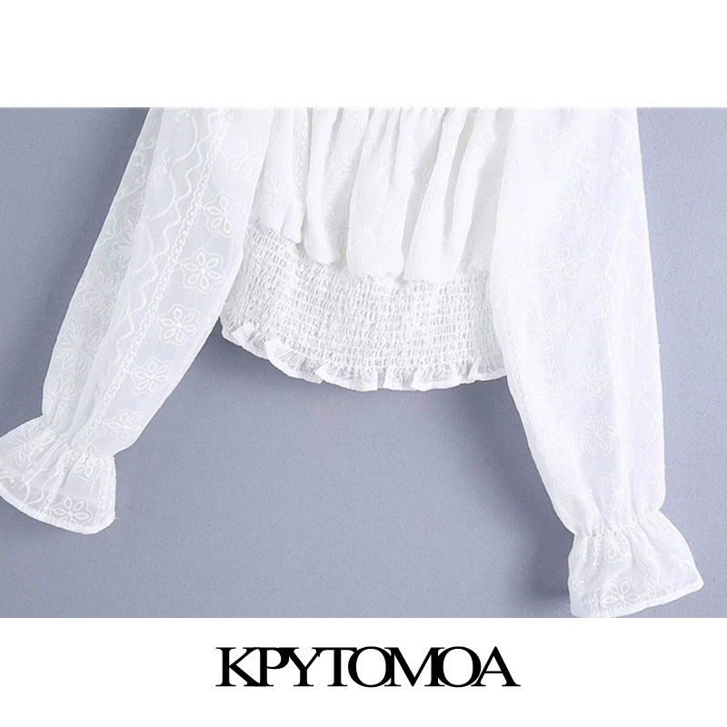Women Sweet Fashion Embroidery Organza Cropped Blouses Long Sleeve Elastic Hem Female Shirts Chic Tops 210420
