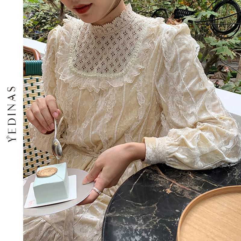 Yedinas Vintage Lace Long Dress Women Stand Collar Vestidos With Belt Ladies Diamond Velvet Dresses Spun Yarn Elegant Robe Femme 210527