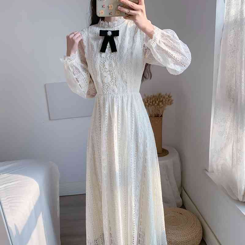 Fashion Runway Spring Lace Hollow Out Long Dress Women Bow Stand Collar High Waist Elegant Party Vestido 210520