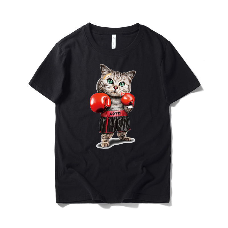 t shirt summer fashion men's half sleeve cotton cartoon boxing cat printed trend loose short, White;black
t shirt summer fashion men's half sleeve cotton cartoon boxing cat printed trend loose short, White;black