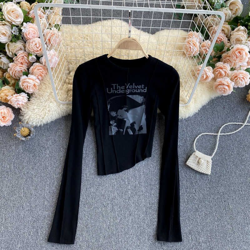 Lady Basic Long Sleeve T-shirt Women's Spring Round Neck Print Irregular Short To Ins Casual Clothes Q750 210527
