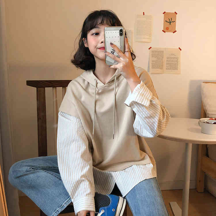 autumn preppy style faux two pieces stripe hoodies womens sweatshirts and pullovers (F3935) 210423