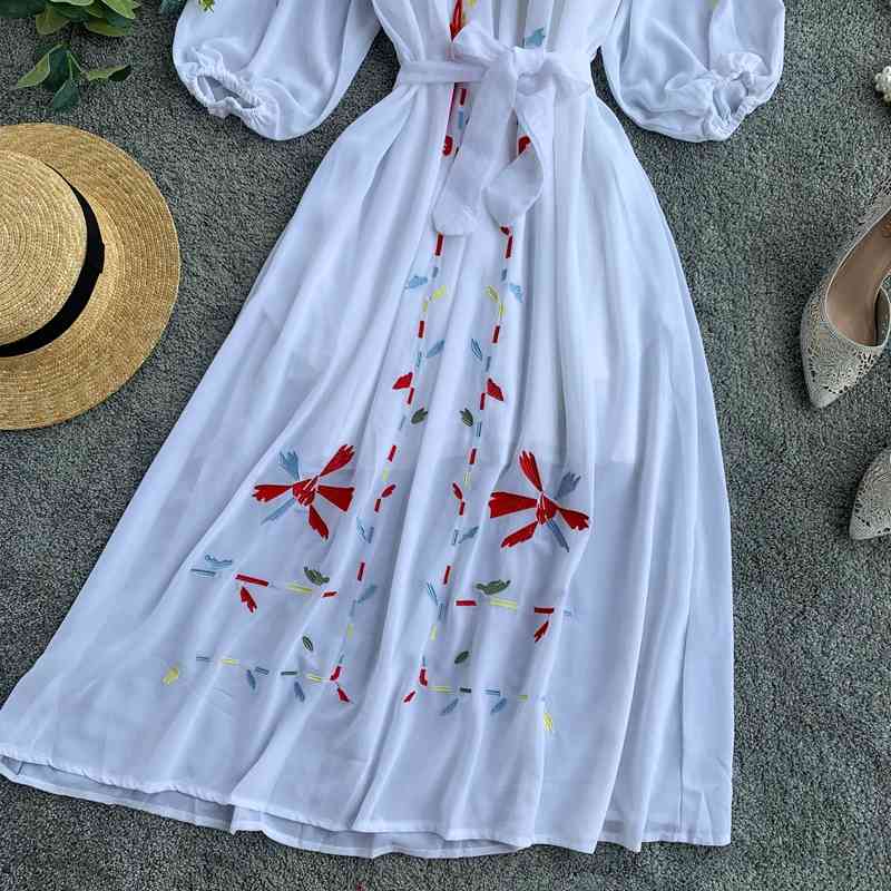 Zomer Jurk Chiffon Borduren Vrouwen Bohemian Lange Jurken Sjerpen Boog Kwastje Vestidos A-lijn Robe Femme 210521