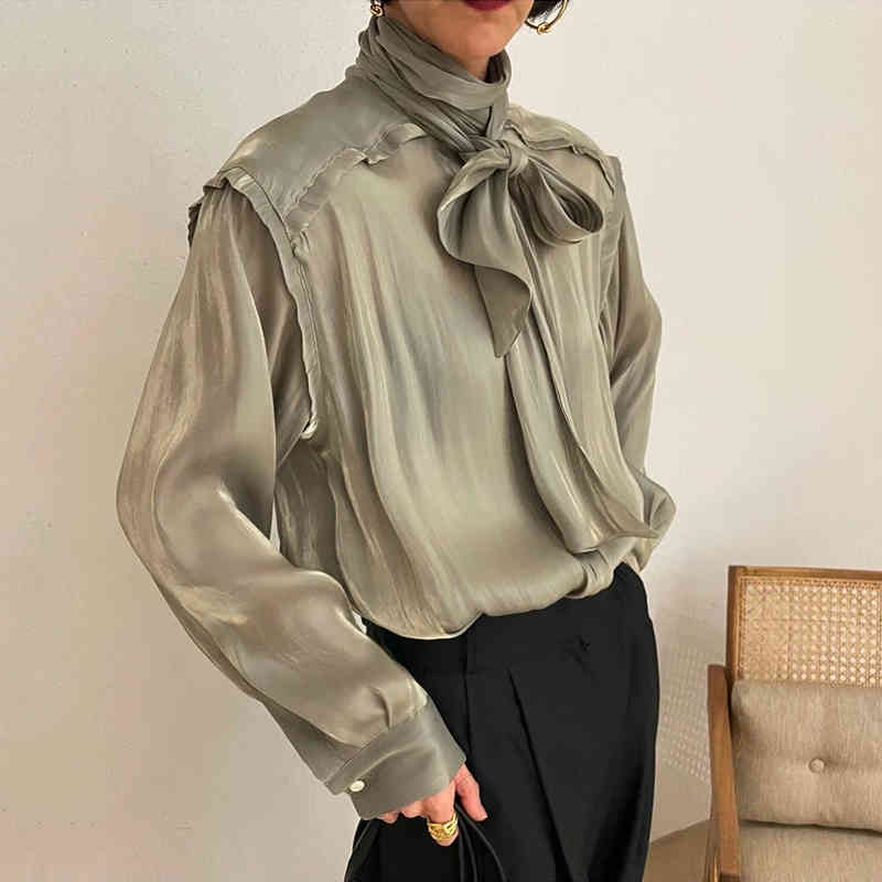Nomikuma Sexy See Through Women Shirt Korean Bow Bandage Collar Top Blusas Spring New Long Sleeve Causal Blouse Mujer 6D895 210427
